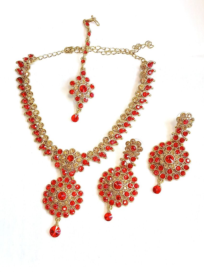 Neckalce with earring and red colour stones