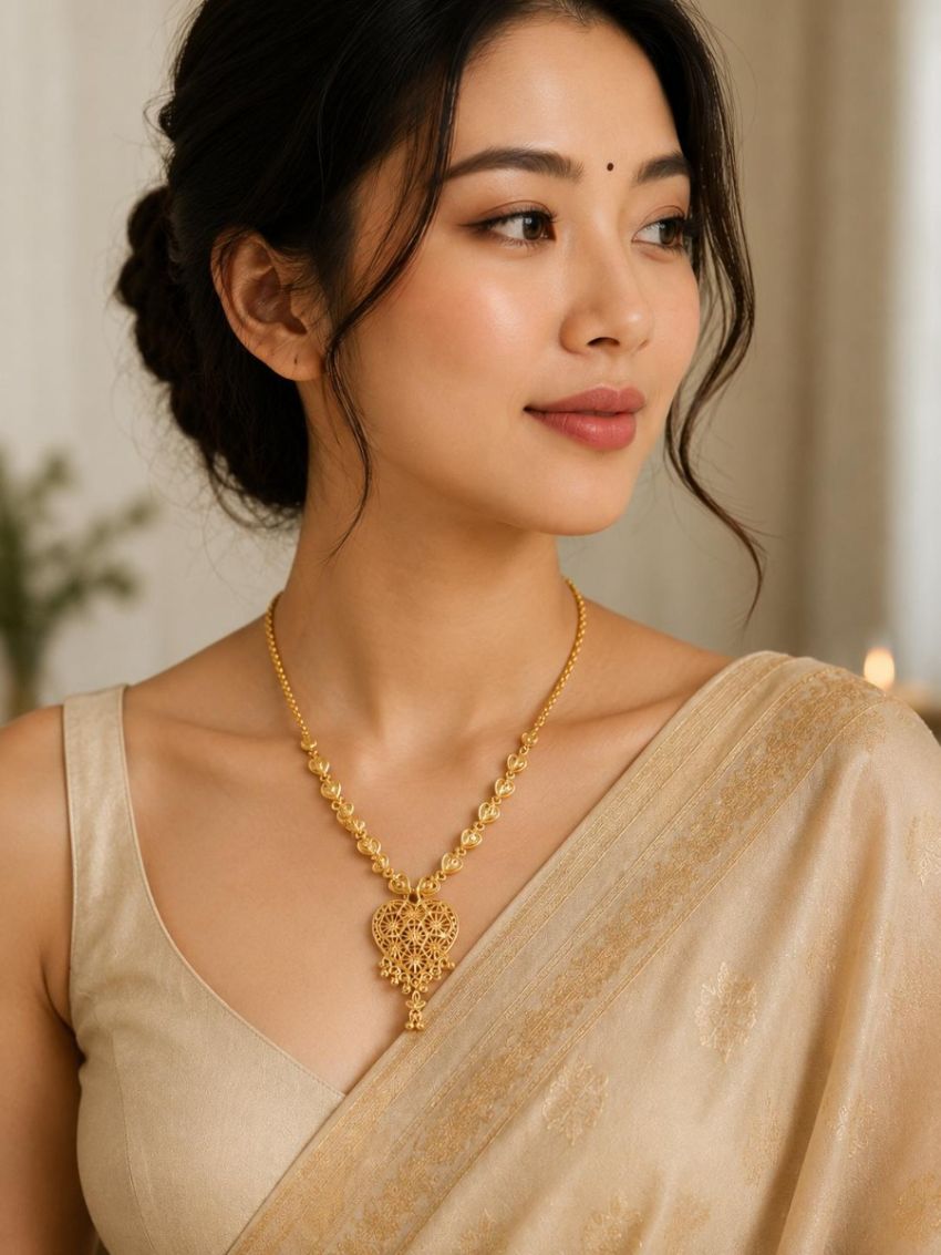 Elegant gold-tone necklace with a beautifully crafted heart-shaped pendant. Perfect for weddings, special occasions, or adding a touch of elegance to any outfit.