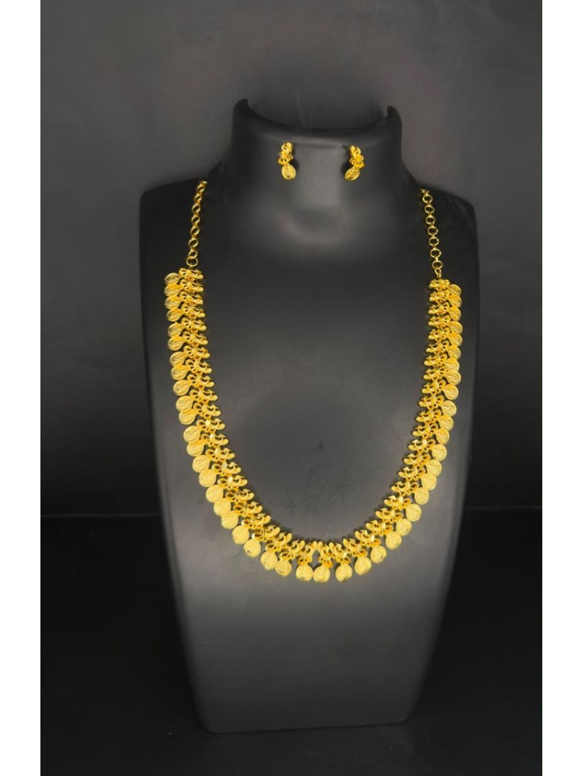 Antique gold coin necklace set with matching earrings, crafted with intricate coin detailing for a timeless traditional look.