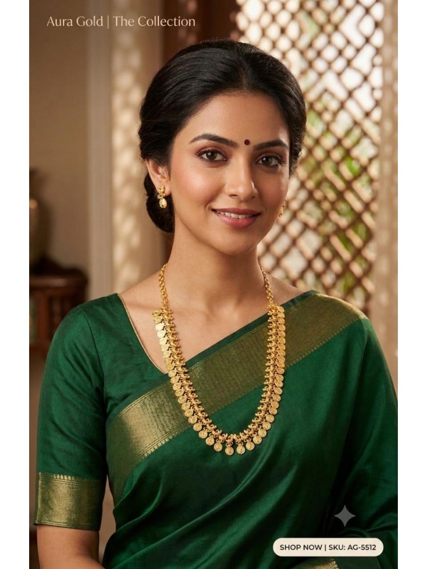 Antique gold coin necklace set with matching earrings, crafted with intricate coin detailing for a timeless traditional look.