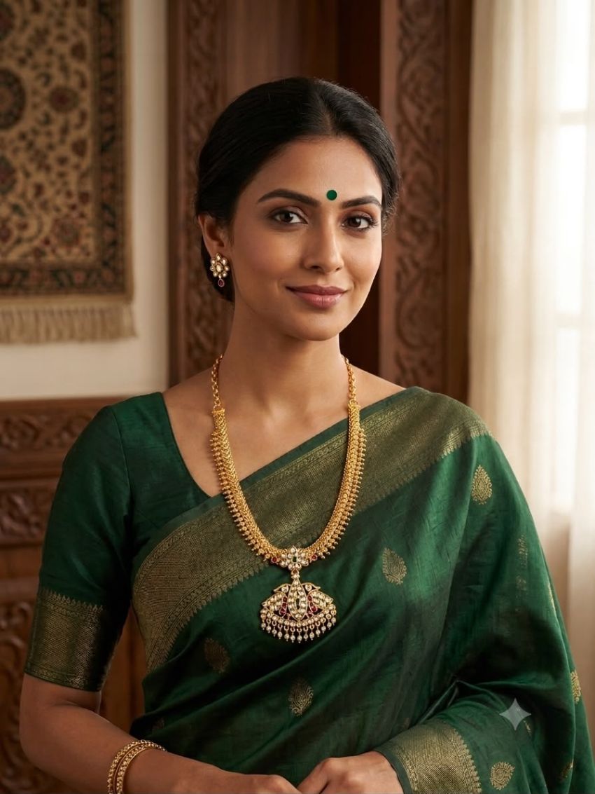 Elegant gold-tone necklace featuring a sparkling stone-studded pendant with intricate traditional detailing.