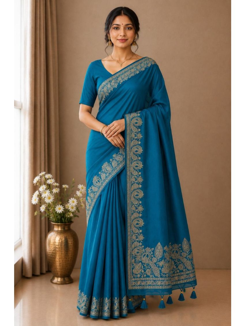 Teal Embroidered Saree