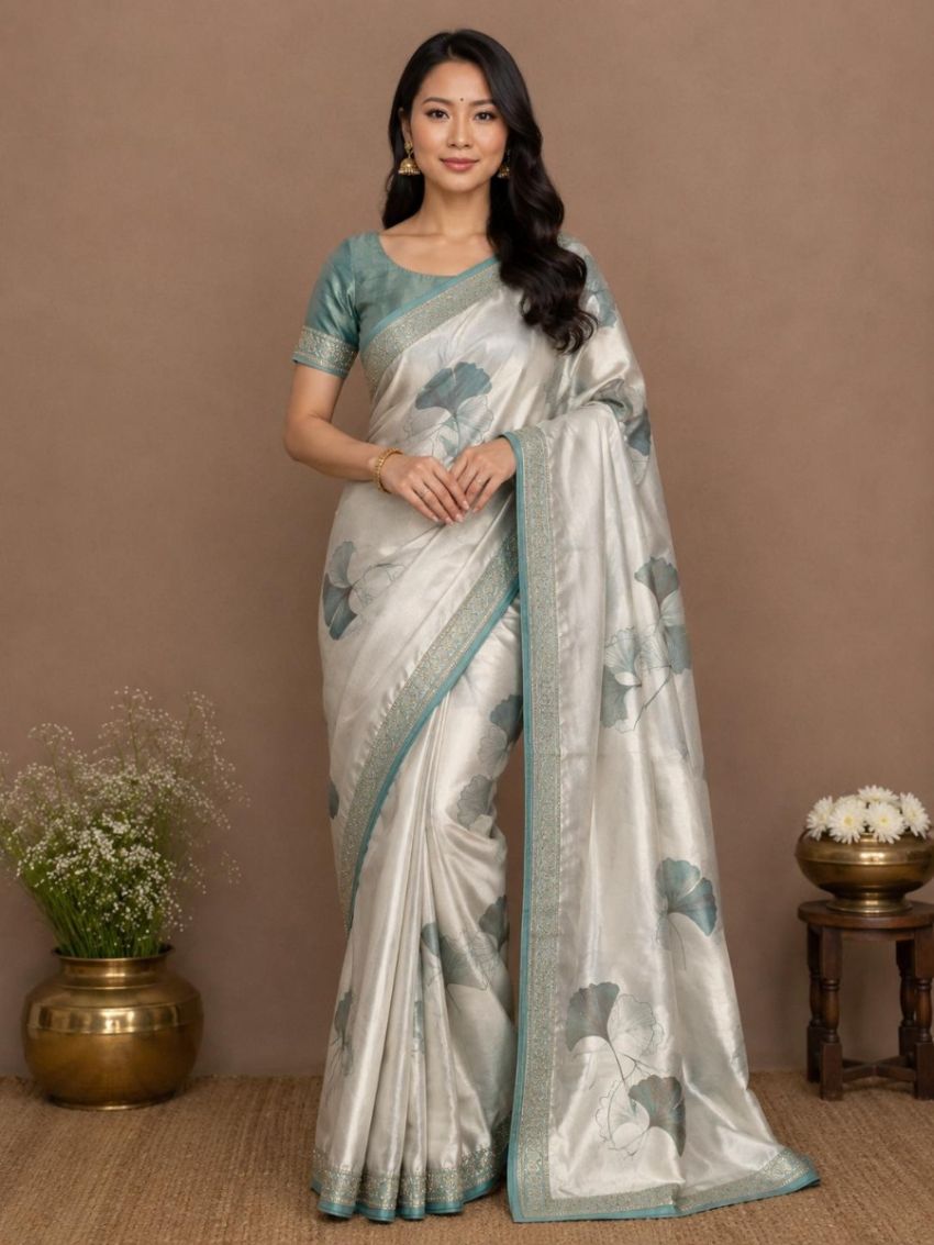 Elegant Ivory & Teal Floral Saree