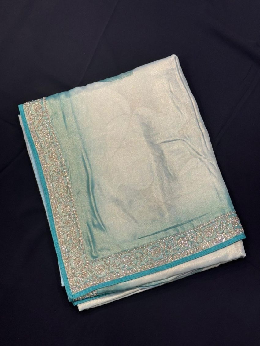 Elegant Ivory & Teal Floral Saree