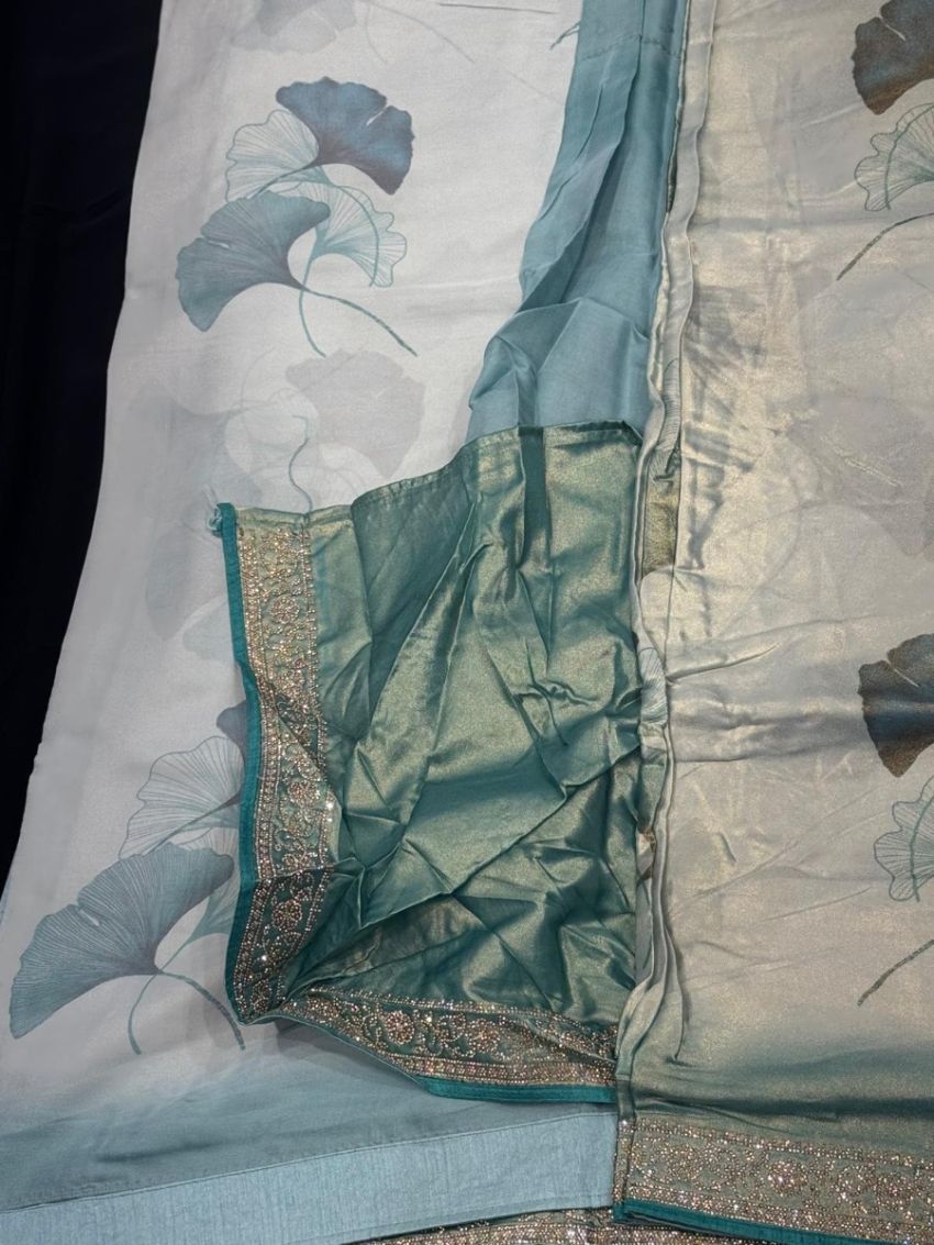 Elegant Ivory & Teal Floral Saree