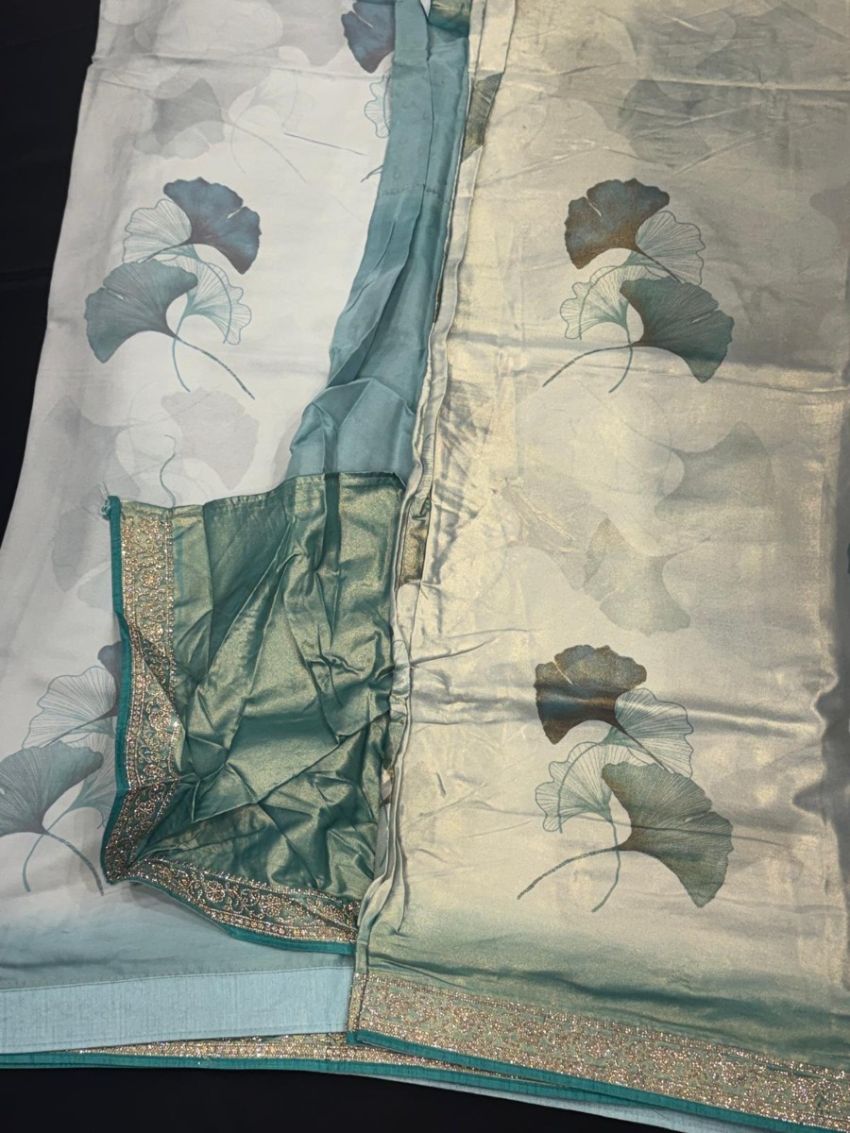 Elegant Ivory & Teal Floral Saree