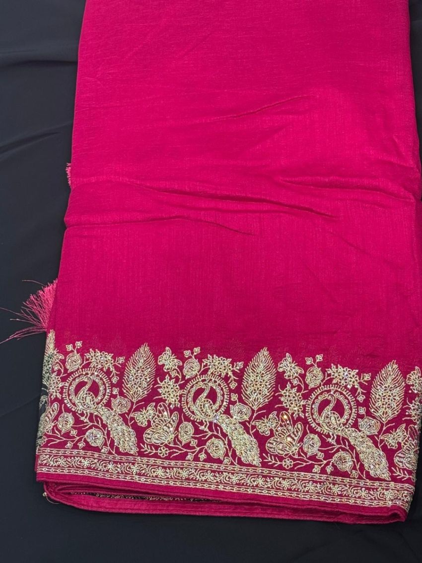 Elegant Fuchsia Embroidered Saree with Matching Blouse