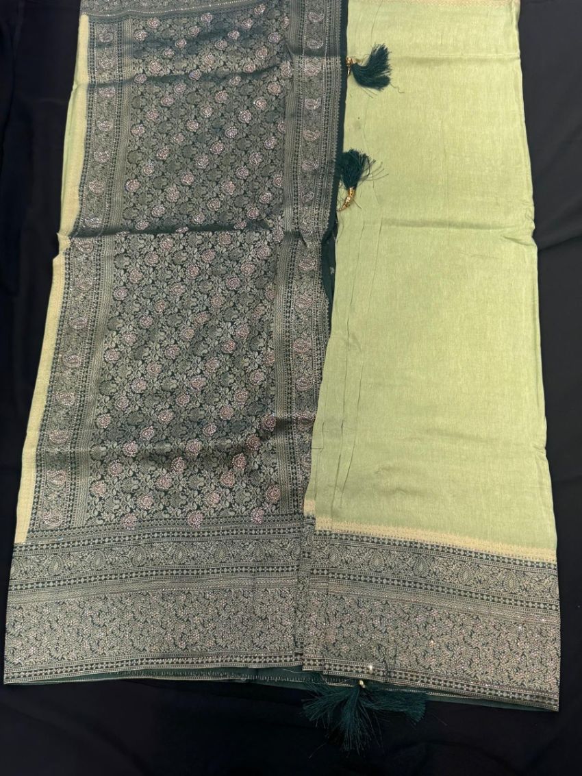 Elegant Sage Green Banarasi Saree with Intricate Zari Weavin