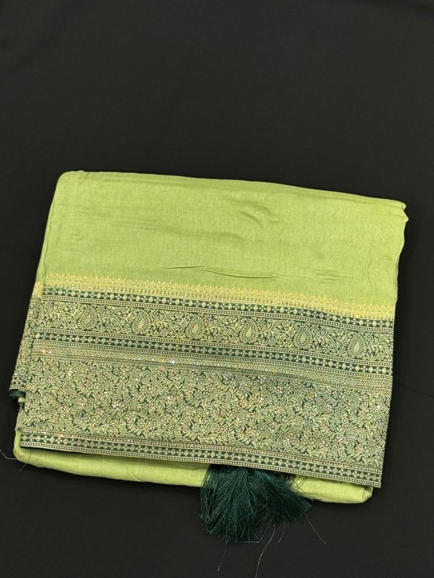 Elegant Sage Green Banarasi Saree with Intricate Zari Weavin