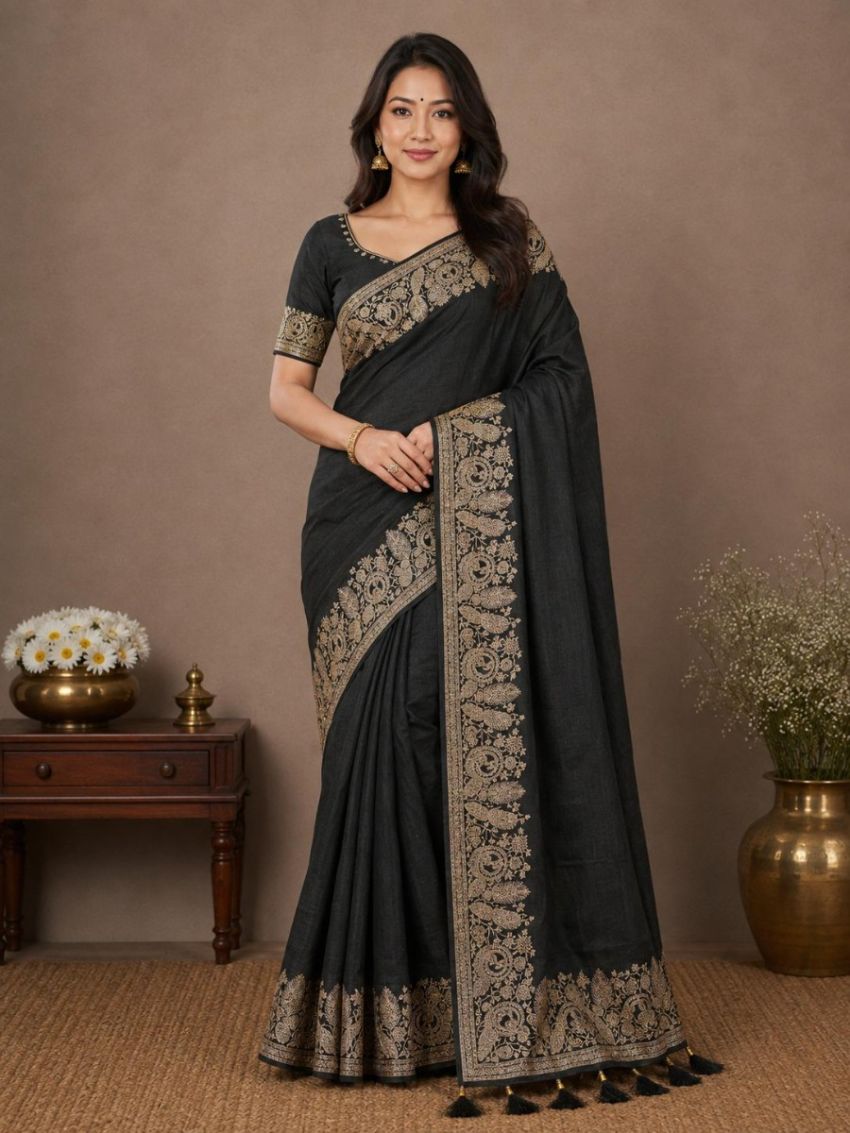 Elegant Black Embroidered Saree with Matching Blouse