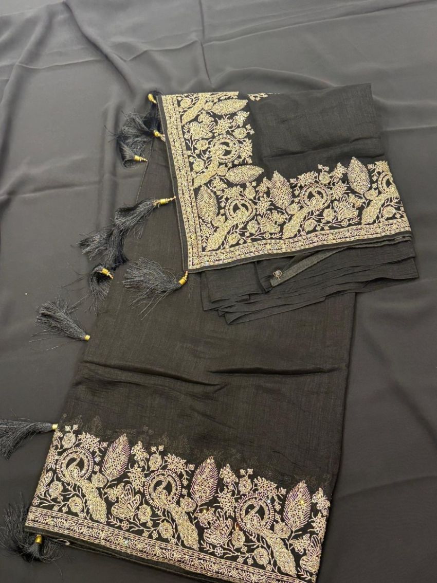Elegant Black Embroidered Saree with Matching Blouse