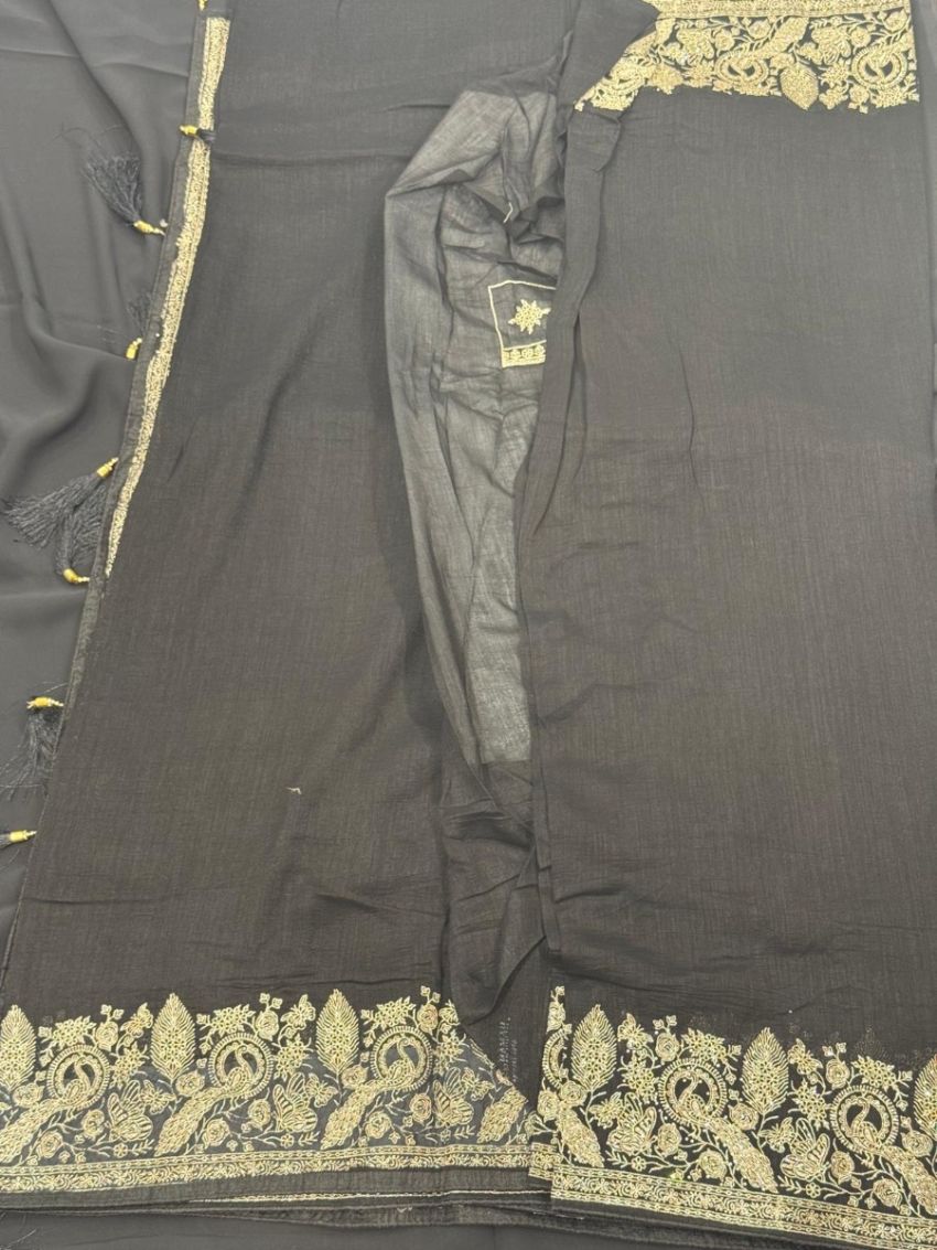 Elegant Black Embroidered Saree with Matching Blouse