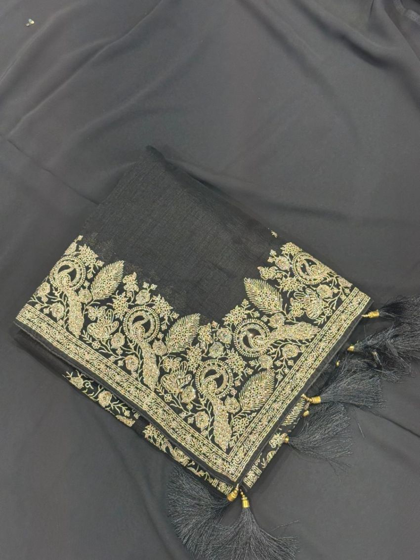 Elegant Black Embroidered Saree with Matching Blouse
