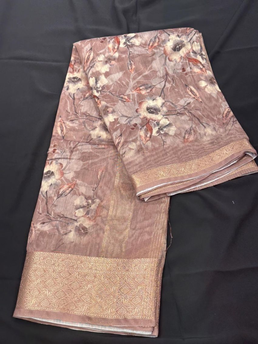 Elegant Floral Cotton Saree with Matching Blouse silver woven border