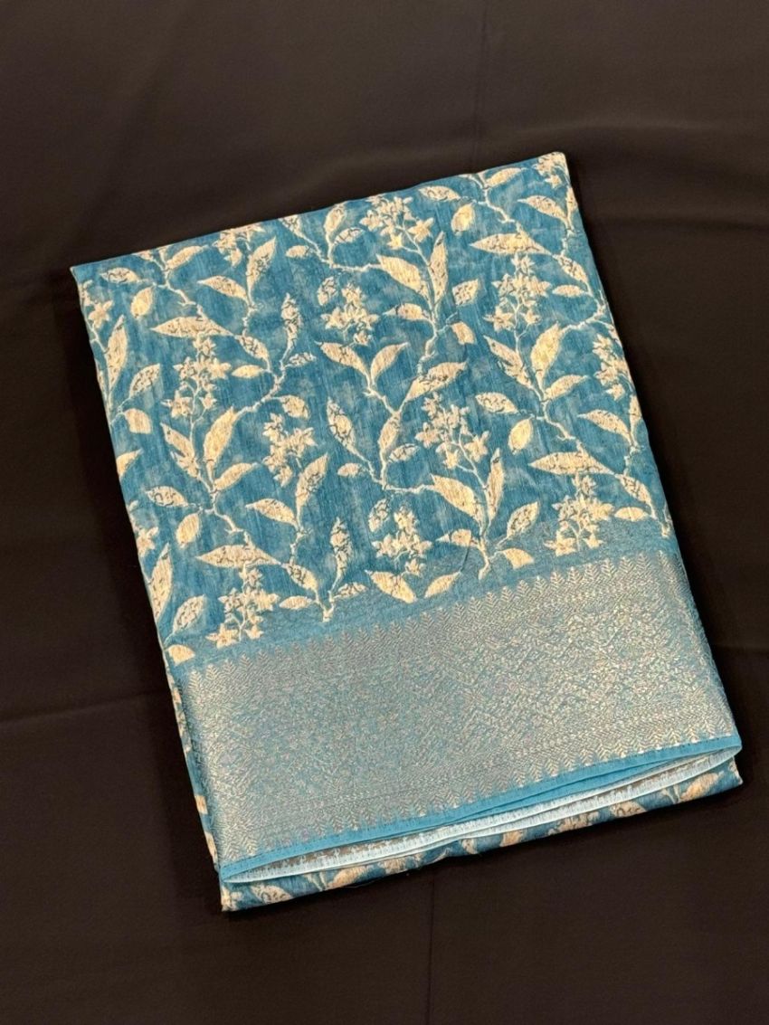 Elegant Blue Floral Cotton Saree with Matching Blouse