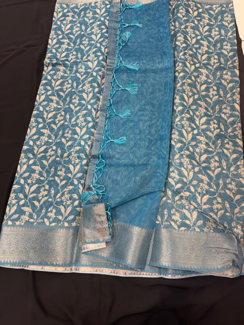 Elegant Blue Floral Cotton Saree with Matching Blouse