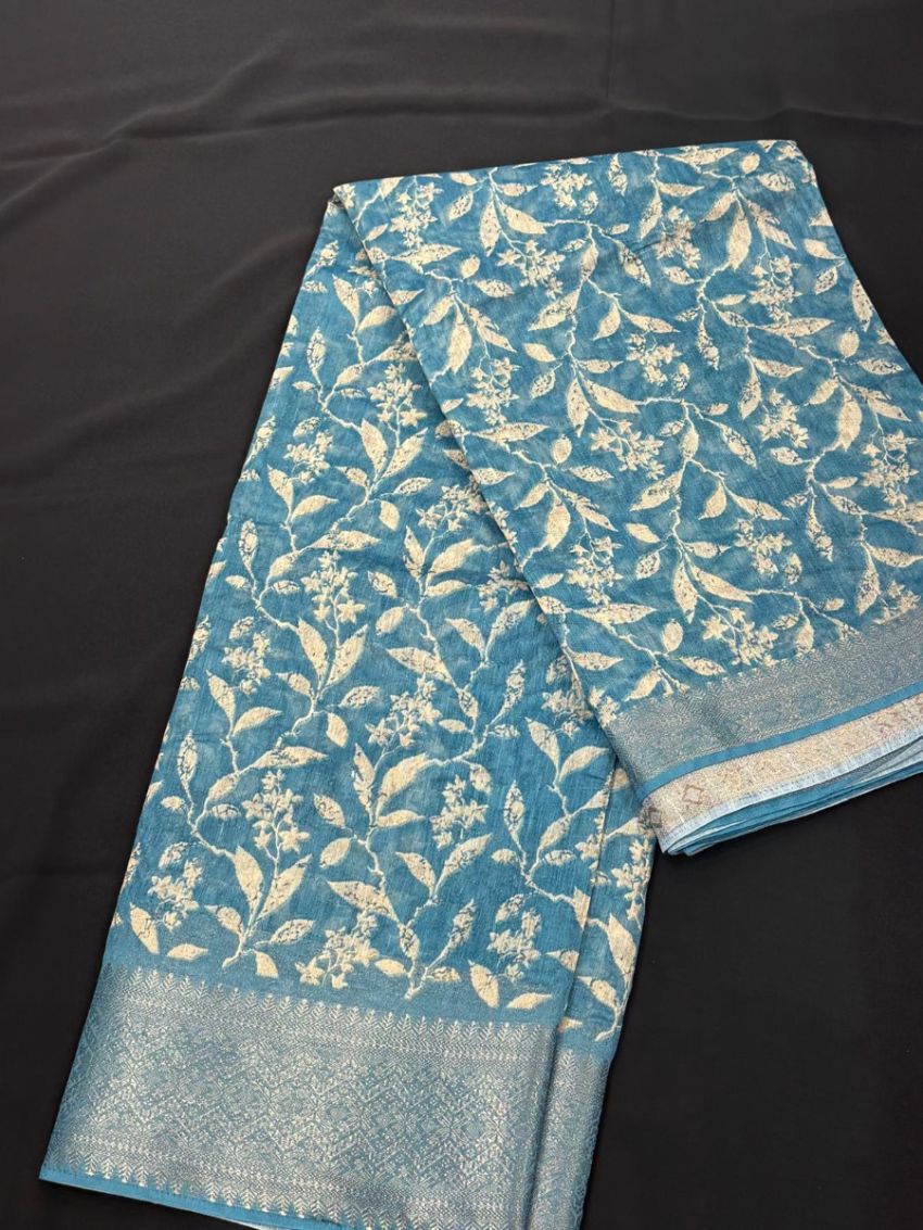 Elegant Blue Floral Cotton Saree with Matching Blouse