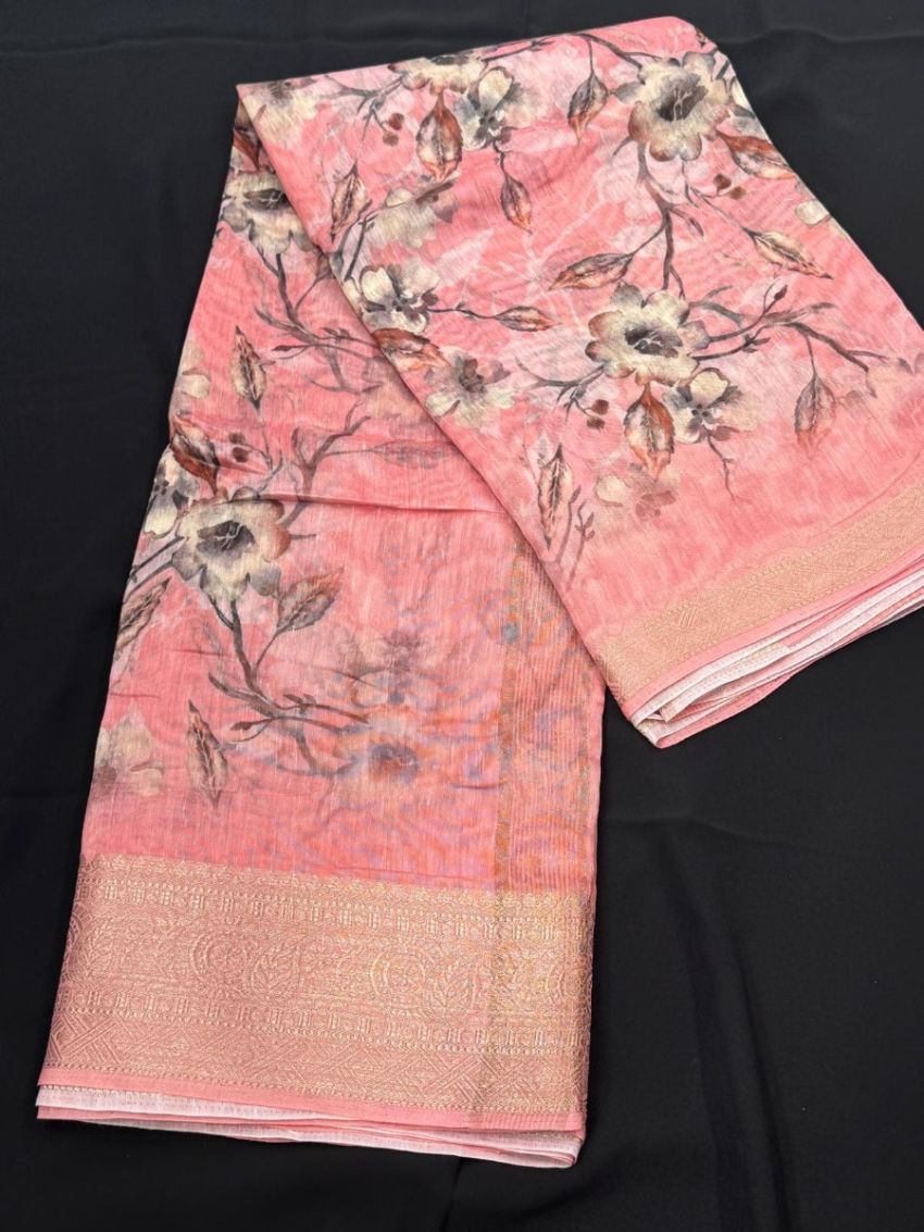 Elegant Pink Floral Cotton Saree with Matching Blouse