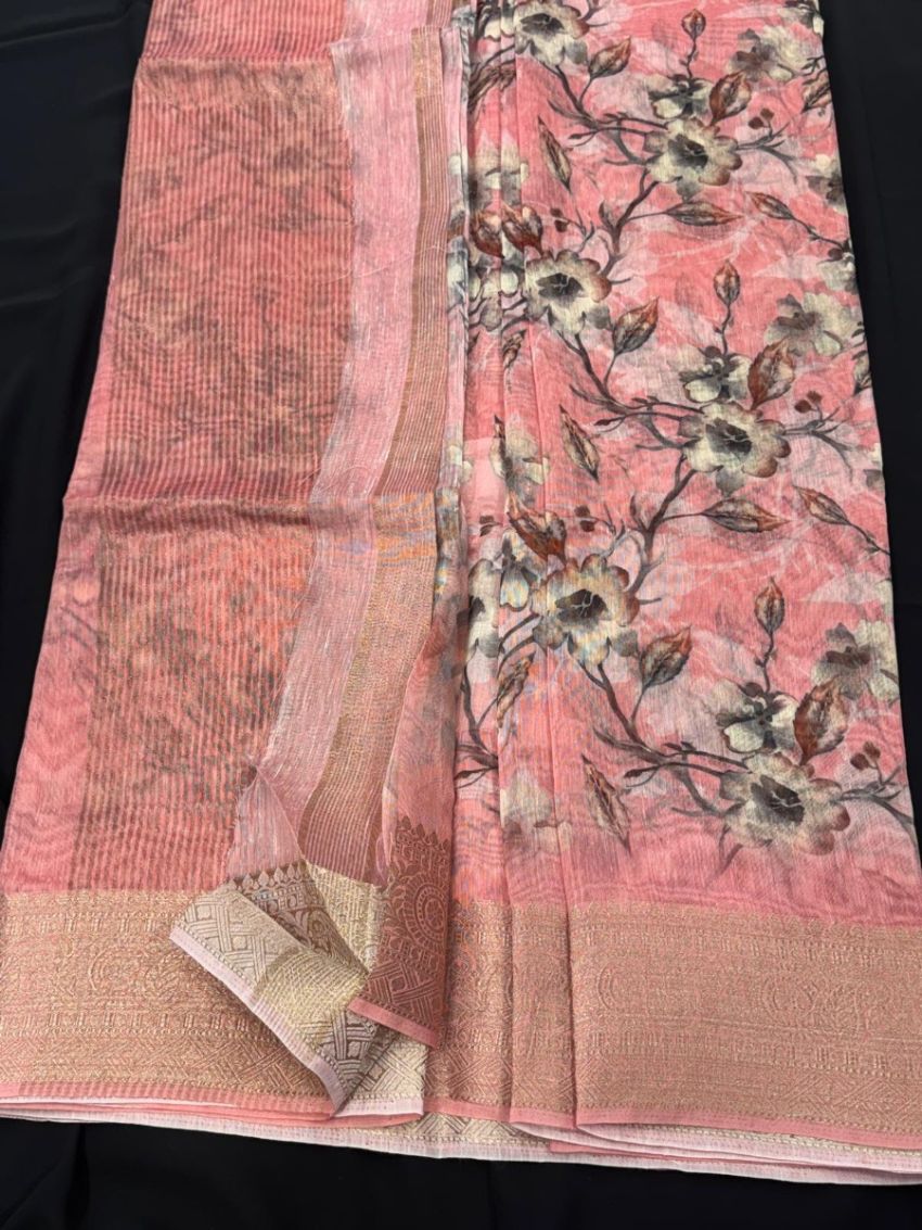 Elegant Pink Floral Cotton Saree with Matching Blouse