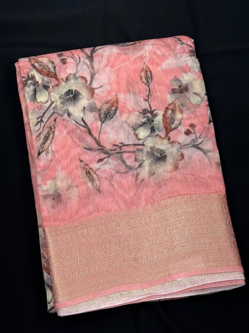 Elegant Pink Floral Cotton Saree with Matching Blouse