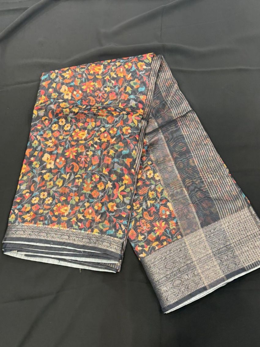 Elegant Black Floral Cotton Saree with Matching Blouse