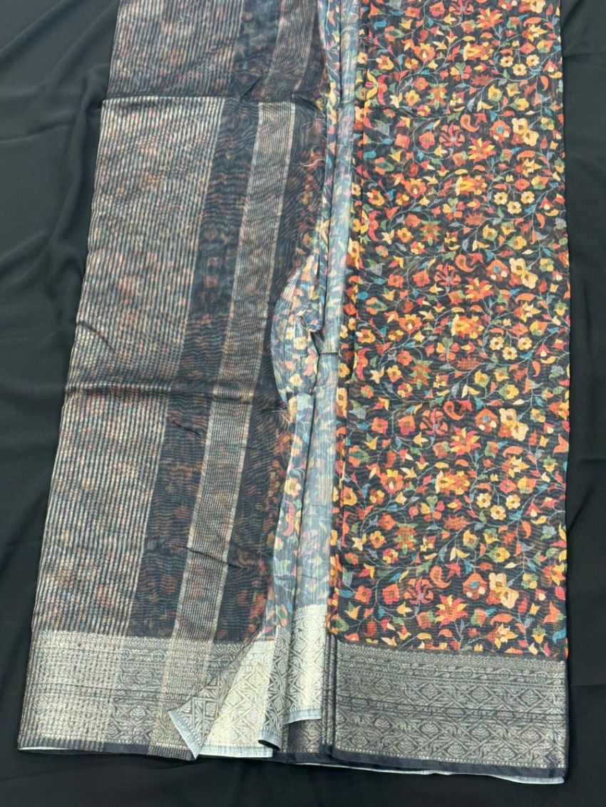 Elegant Black Floral Cotton Saree with Matching Blouse