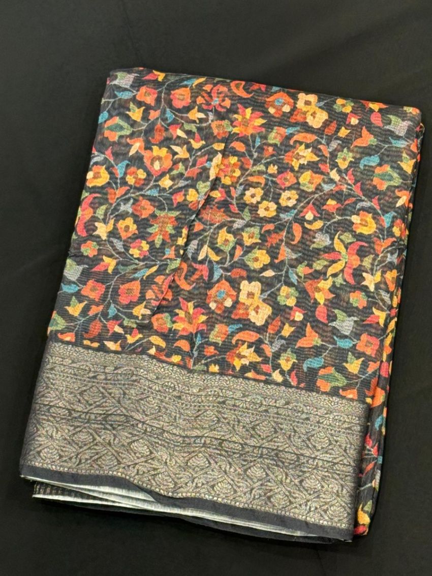 Elegant Black Floral Cotton Saree with Matching Blouse