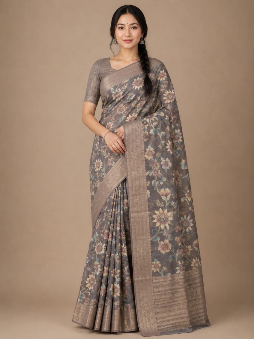 Elegant multicolour floral  Cotton Saree with Matching Blouse