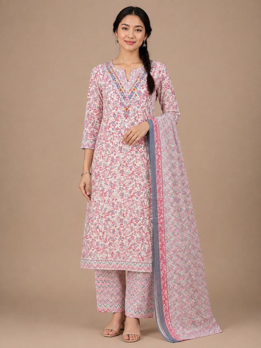 Elegant Pink Floral Cotton Salwar Suit with Matching Dupatta