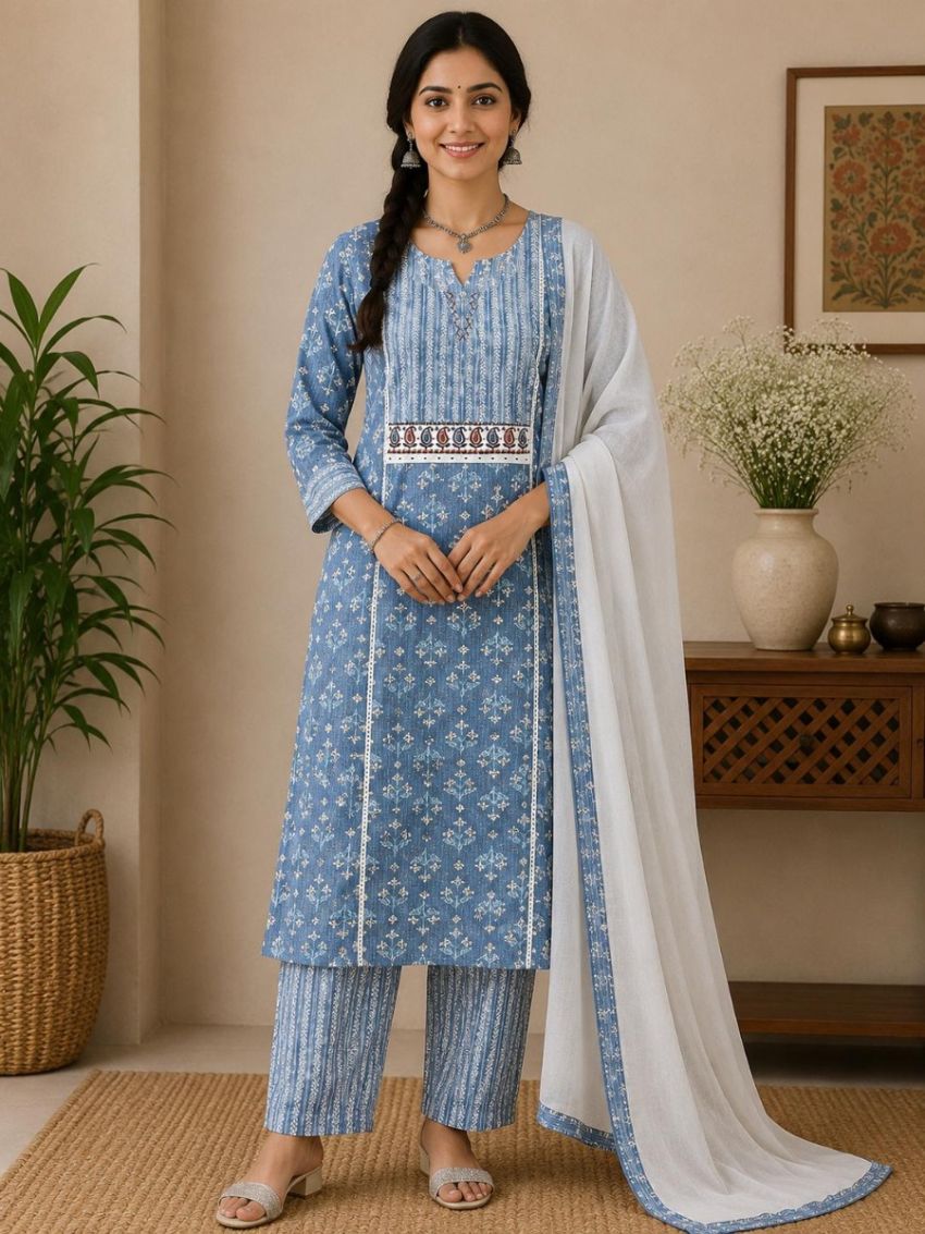 Elegant Blue Printed Cotton Salwar Suit with Matching Dupatta