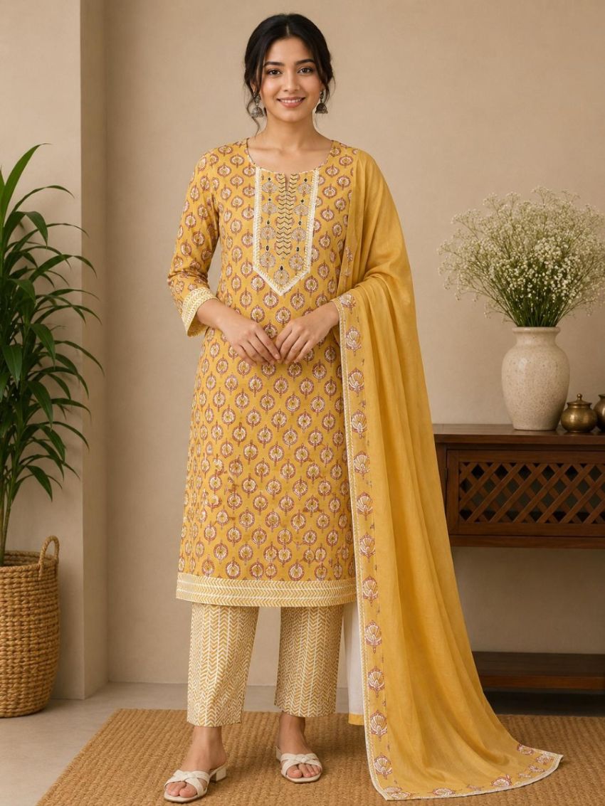 Elegant Mustard Printed Cotton Salwar Suit with Matching Dupatta