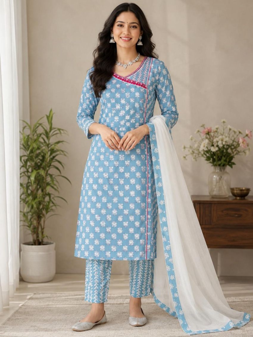 Elegant Sky Blue Printed Cotton Salwar Suit with Matching Dupatta