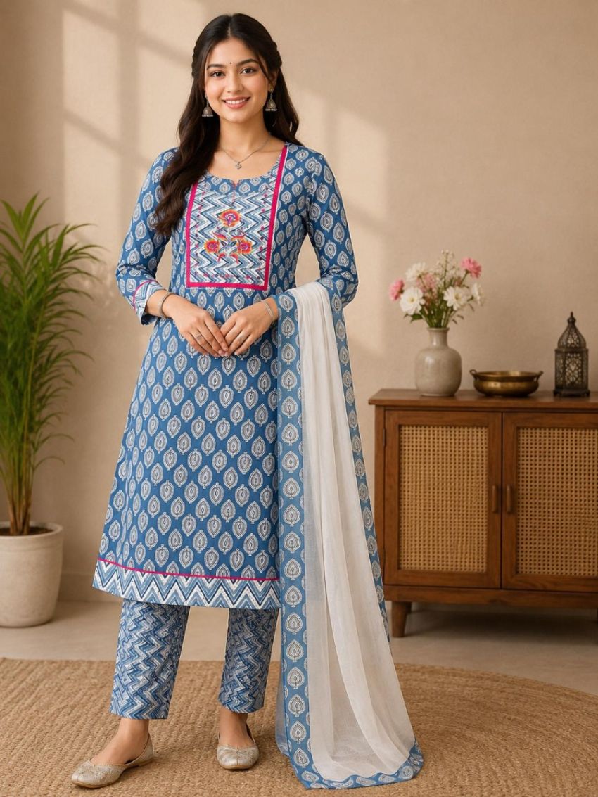 Elegant Indigo Blue Printed Cotton Salwar Suit with Matching Dupatta