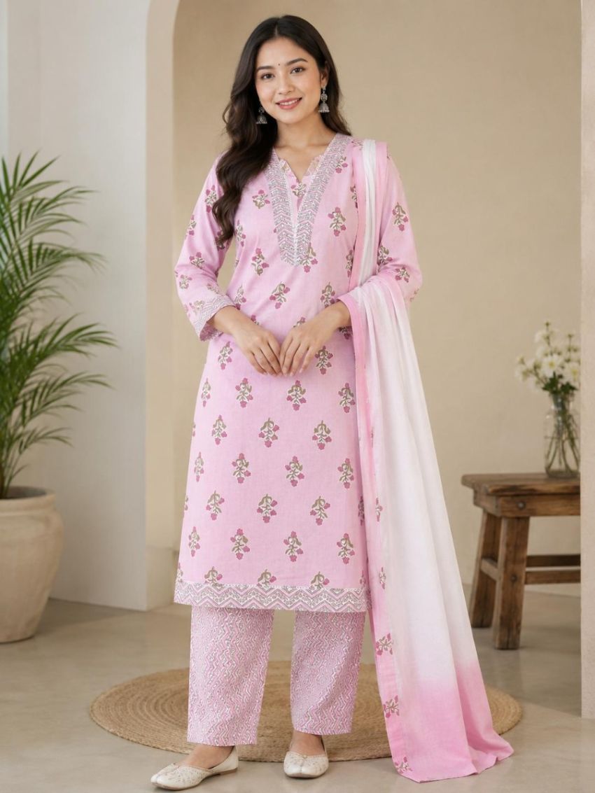 Elegant Pink Floral Printed Cotton Salwar Suit with Matching Dupatta