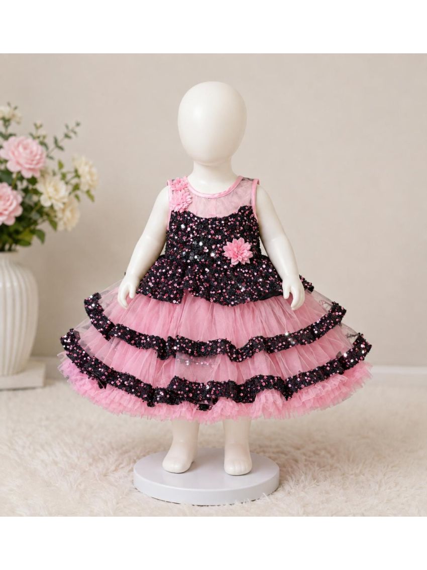 Girls Pink & Black Sequin Party Wear Frock Dress with Layered Net Skirt