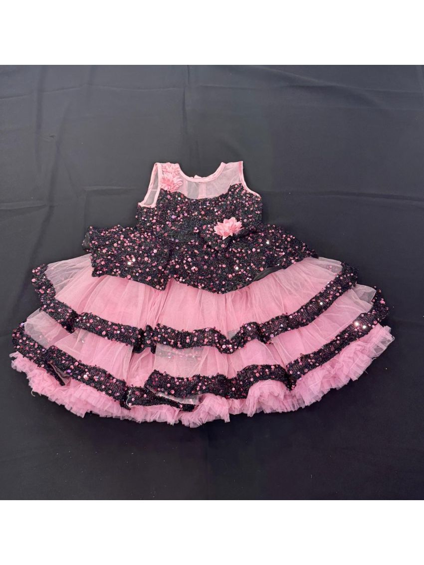 Girls Pink & Black Sequin Party Wear Frock Dress with Layered Net Skirt